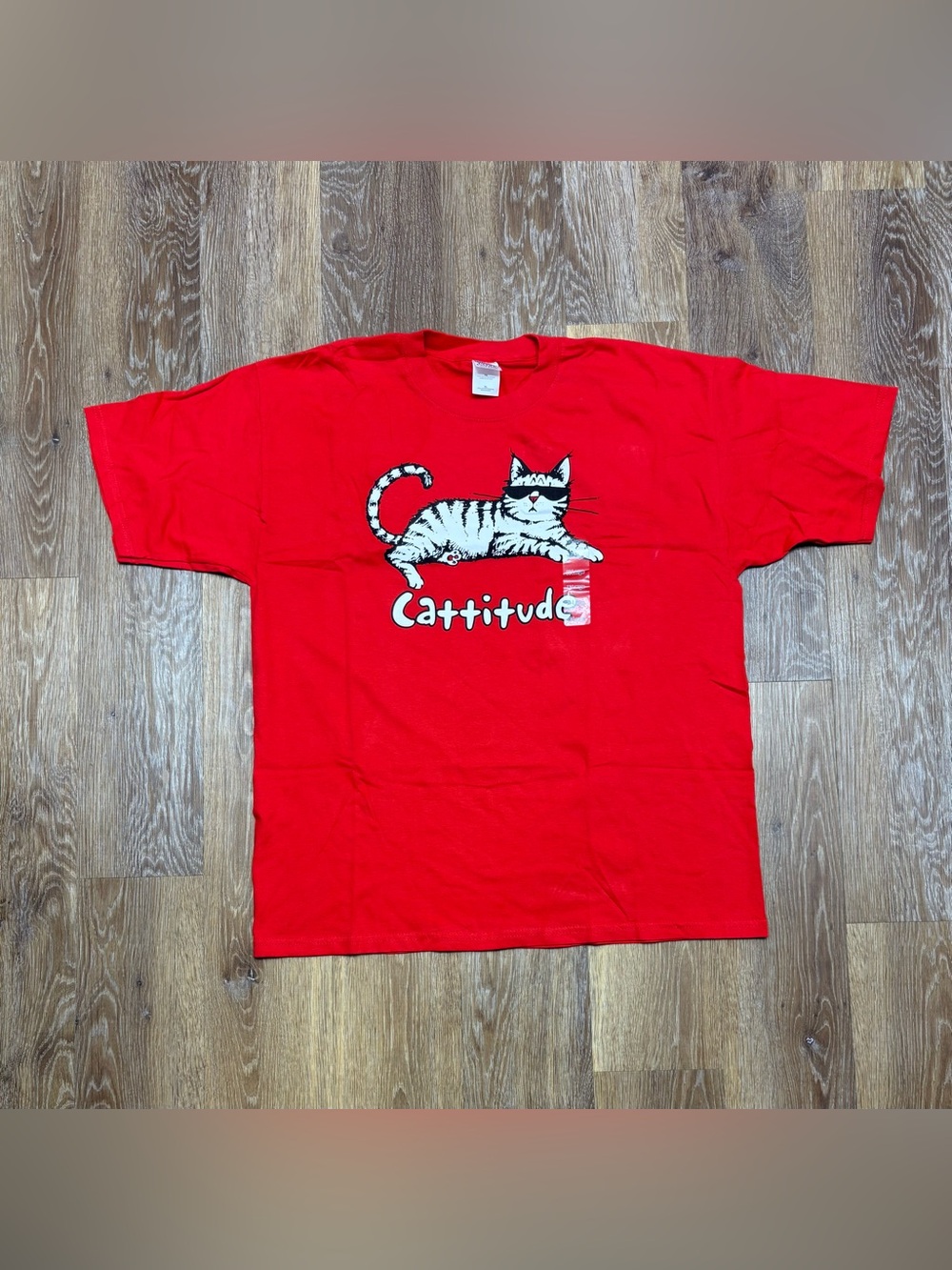 Gildan Red T-Shirt with White & Black Cat 'Cattitude' Graphic
